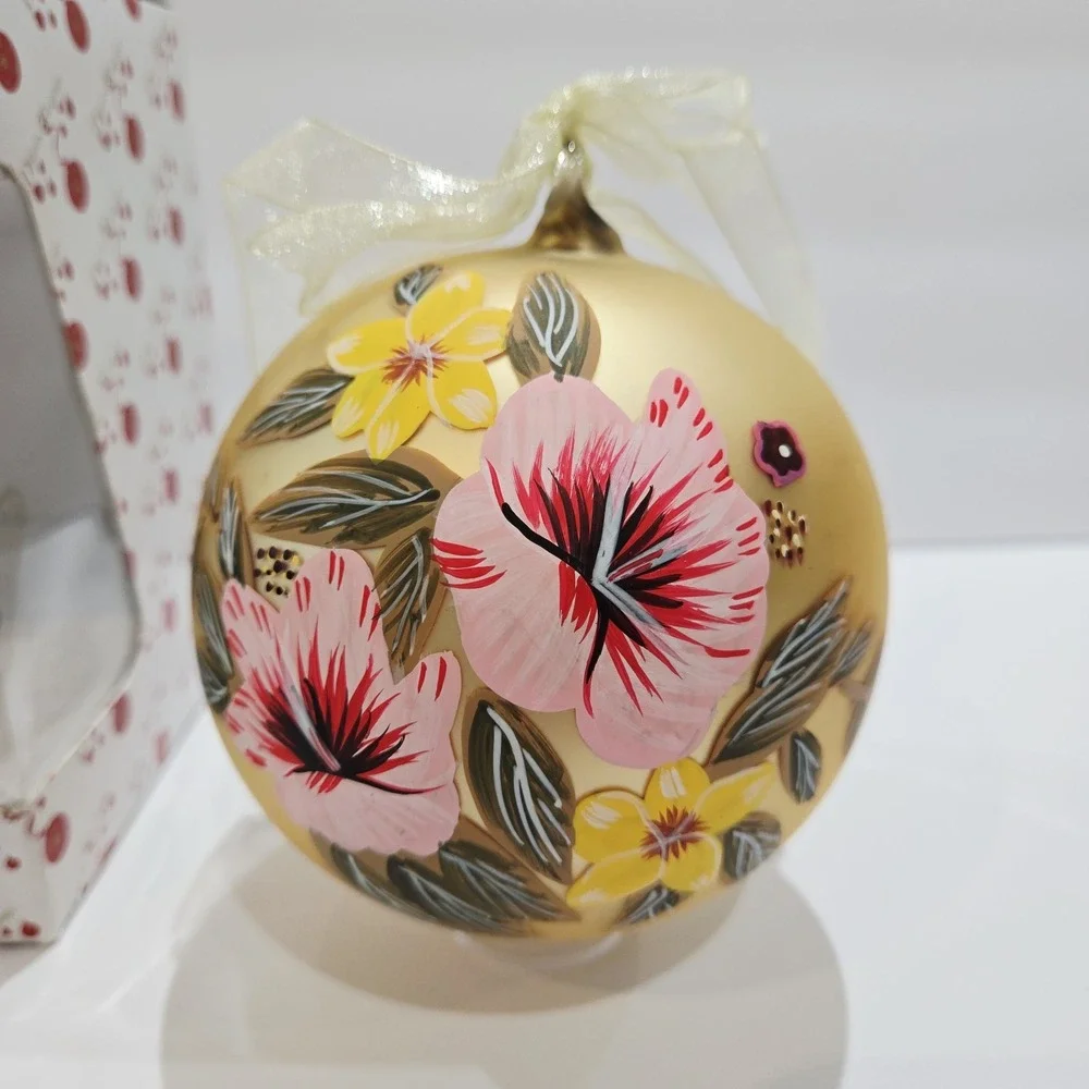 Dillard's Trimmings Hibiscus Floral Hand Painted Glass Christmas Ball Ornament